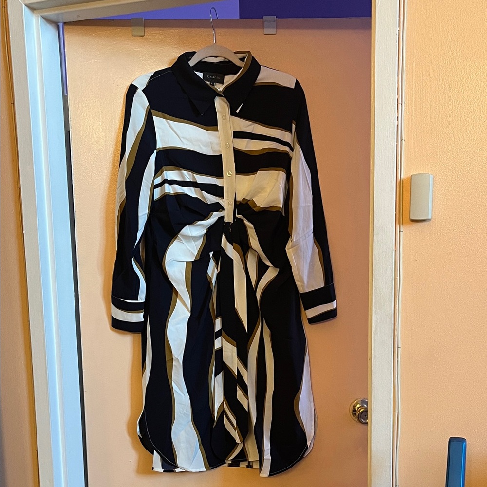 Navy and White Long Sleeve Dress